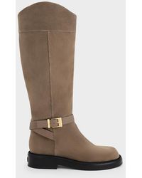 Charles & Keith - Leather & Suede Buckled-Strap Knee-High Boots - Lyst