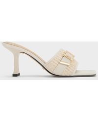 サンダル・ミュール CHARLES&KEITH Whitney Leather & Raffia Buckled Heeled Mules Brown Whitney Leather & Raffia Buckled Heeled Mules