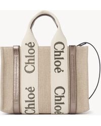 Chloé - Bolso Tote Pequeño Woody De Lino Y Cuero Gris 100% Lino, Piel De Ternera - Lyst