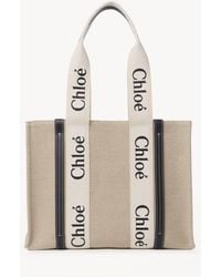 Chloé - Bolso Tote Woody De Lino Blanco 100% Lino, Piel De Ternera, Poliéster - Lyst