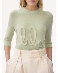 Chloé - Pull manches trois-quart en maille de laine alpaga et soie à logo - Lyst