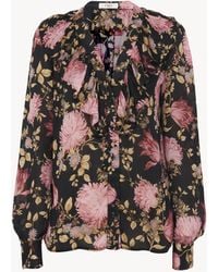 Chloé - Blusa Con Cuello En V Y Volantes De Seda Charmeuse Negro 100% Seda, Pinctada Maxima, Farmed, Coo Australia - Lyst