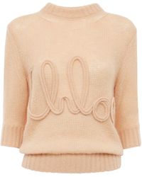 Chloé - Pull manches coude en maille de laine alpaga et soie à logo - Lyst