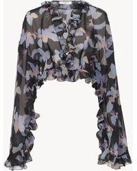 Chloé - Top Cropped Con Cuello En V De Georgette De Seda Negro 100% Seda - Lyst