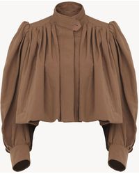 Chloé - Chaqueta Con Fruncido Globo De Lino Y Algodón Marrón 52% Lino, 48% Algodón, Horn Bubalus Bubalis, Farmed, Coo India - Lyst