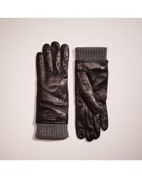 COACH Restored Leather Knit Cuff Mixed Gloves - Black