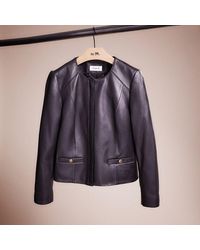 COACH Restored Leather Blouson Jacket With Rib in Blue | Lyst