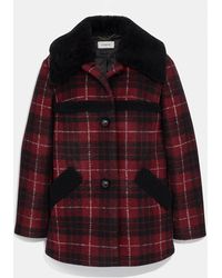 COACH Checked Shearling Coat - Red