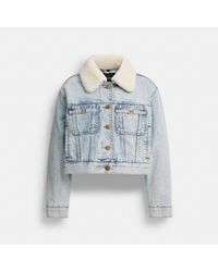 COACH - Cropped Heritage C Denim Trucker Jacket In Organic Cotton With Shearling Collar - Lyst