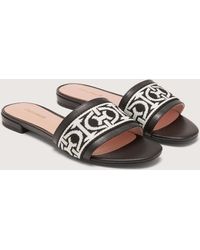 Coccinelle - Jacquard Fabric And Smooth Leather Low-Heeled Sandals Monogram Ribbon - Lyst