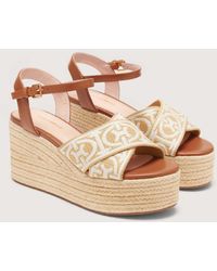 Coccinelle - Jacquard Fabric And Smooth Leather Wedge Sandals Monogram Ribbon - Lyst