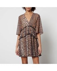Ganni - Ruffled Leopard-Print Chiffon Mini Dress - Lyst