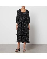 Ganni - Logo-Print Pleated Georgette Midi Dress - Lyst