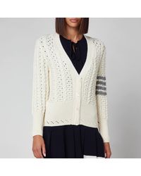 Thom Browne Cable Classic Fit V Neck Cardigan With Stripes - White