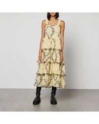 Ganni Floral-printed Smocked Crinkled Georgette Tiered Midi Dress - Metallic