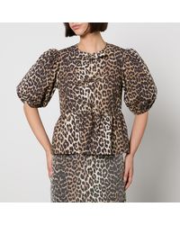 Ganni - Leopard-Print Organic Cotton-Poplin Peplum Blouse - Lyst