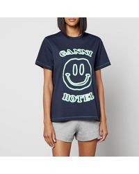 Ganni Hotel Smiley Organic Cotton-jersey T-shirt - Blue