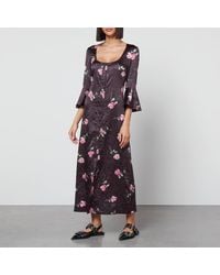 Ganni - Floral-print Crinkled Midi Dress - Lyst