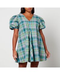 Ganni - Checked Cotton-Blend-Seersucker Mini Dress - Lyst