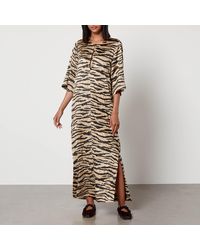 Ganni - Tiger-Print Crinkled-Satin Maxi Dress - Lyst