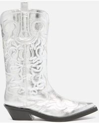 Ganni - Mid Shaft Embroidered Leather Western Boots - Lyst