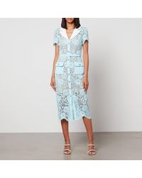 Self-Portrait - Self Portrait Midi Dress In Floral Lace With Contrasting Lapel And Jewel Buttons - Lyst