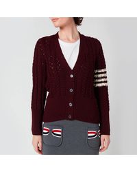 Thom Browne Cable Classic Fit V Neck Cardigan With Stripes - Red