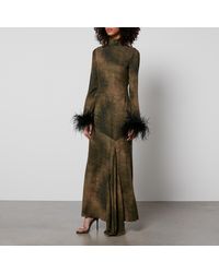 De La Vali - Printed Feather-Trimmed Satin Maxi Dress - Lyst
