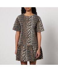 Ganni - Leopard-Print Denim Mini Dress - Lyst