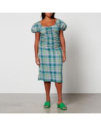 Ganni - Checked Cotton-Blend Seersucker Midi Dress - Lyst