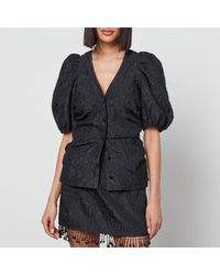 Ganni - Jacquard Blouse With Puff Sleeves - Lyst