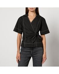 Ganni - Cotton-Poplin Wrap Blouse - Lyst