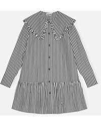 Ganni - Stripe Big Collar Cotton-Poplin Mini Shirt Dress - Lyst