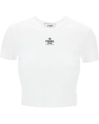 Fendi - T-Shirt Cropped Con Logo Ricamato - Lyst