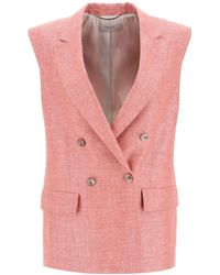 Agnona - Double-breasted Vest In Silk, Linen And Wool - Lyst