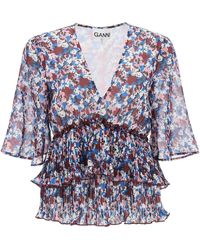 Ganni - Pleated Blouse With Floral Motif - Lyst