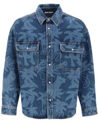 Palm Angels - Palmity Overshirt In Denim With Laser Print All-over - Lyst