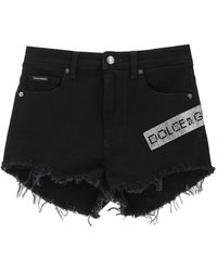 Dolce & Gabbana Denim Shorts With Crystal Logo - Black