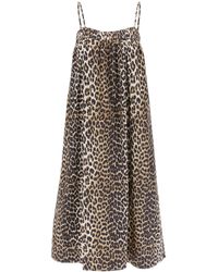 Ganni - Leopard Print Flared Midi Dress With - Lyst