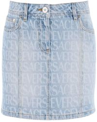 Versace - Monogram Denim Mini Skirt - Lyst