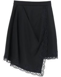 Alexander McQueen - Asymmetric Skirt With Lace Trim 40 Black Wool - Lyst