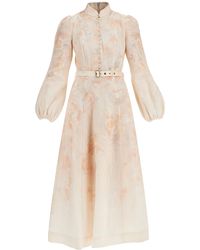 Zimmermann - Floral Linen Midi Dress With Ruffled Sleeves - Lyst