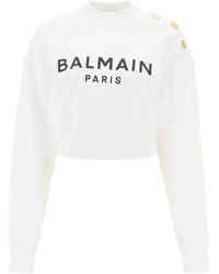 Balmain - Beschnittenes Sweatshirt mit Logo -Druck und Knöpfen - Lyst