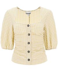 Ganni - Gathered Blouse With Gingham Motif - Lyst