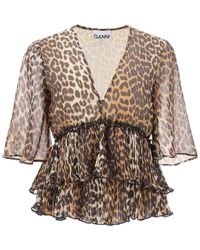Ganni - Pleated Blouse With Leopard Motif - Lyst