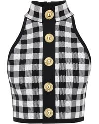 Balmain - Gingham Knit Cropped Top With Embossed Buttons - Lyst