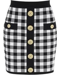 Balmain - Gingham Knit Mini Skirt With Embossed Buttons - Lyst