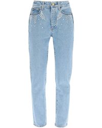 Alessandra Rich Denim Jeans With Crystals - Blue