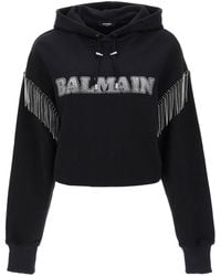 Balmain - Cropped Hoodie With Rhinestone-studded Logo And Crystal Cupchains - Lyst