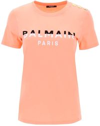 Balmain - T-shirt With Flocked Print And Gold-tone Buttons - Lyst